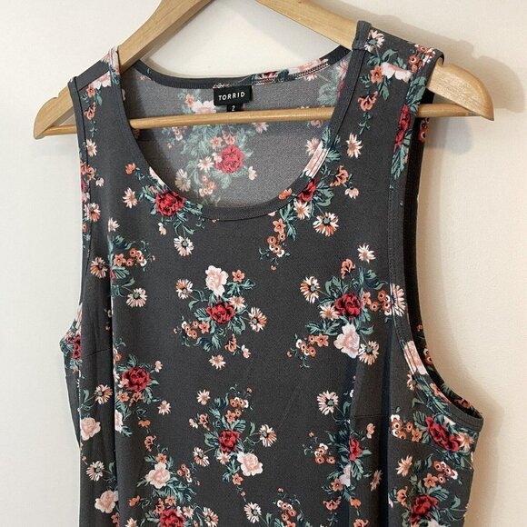 Torrid Grey Floral Crepe Tank Top Sz 2 Gray Stretchy Soft Sleeveless Casual EUC - Picture 2 of 9